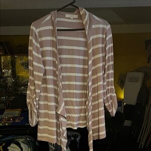 LOFT Blush and Cream Striped Open Hooded Cardigan